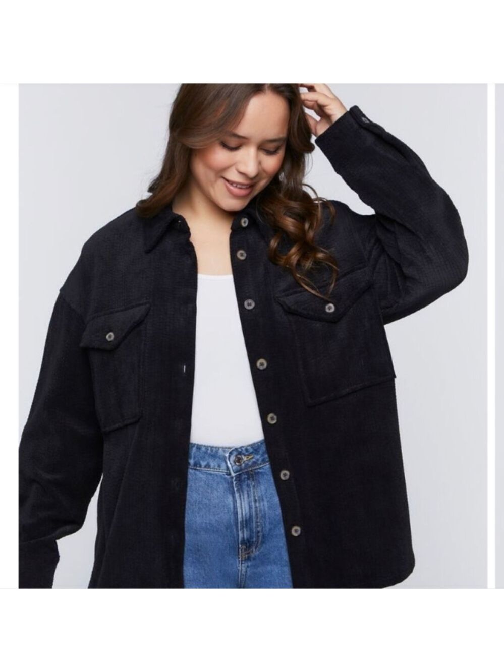 NEW Forever 21 textured black corduroy snap front shacket, size Medium